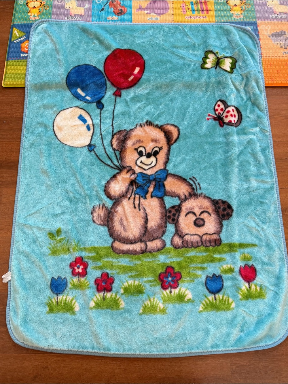 Vintage Baby Blanket Teddy Bear Balloons Puppy Dog Butterfly Blue Plush Lg 52x42
